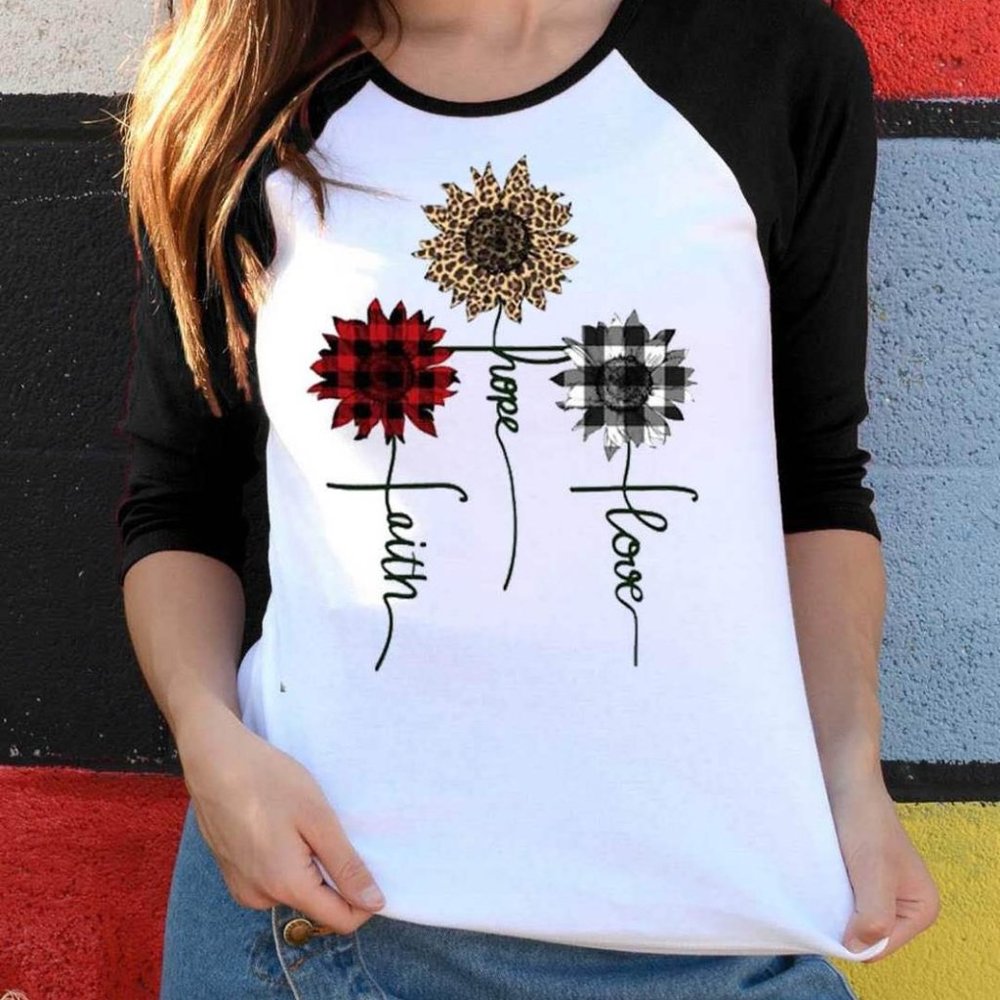 Raglan Three quarter Sleeve Plaid Leopard Sunflower Print Casual O-Neck T Shirts